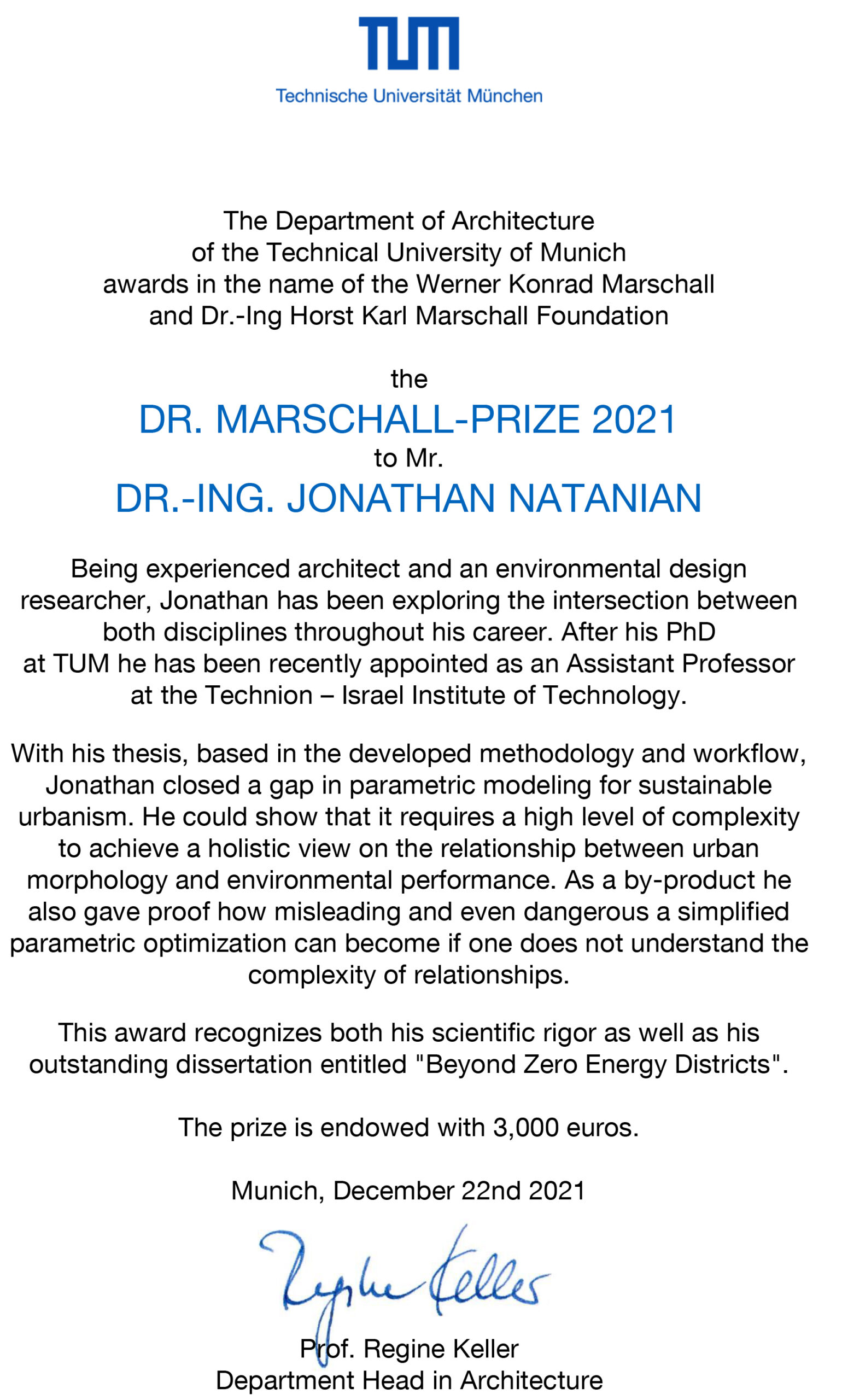 DR. MARSCHALL PRIZE TO DR. JONATHAN NATANIAN